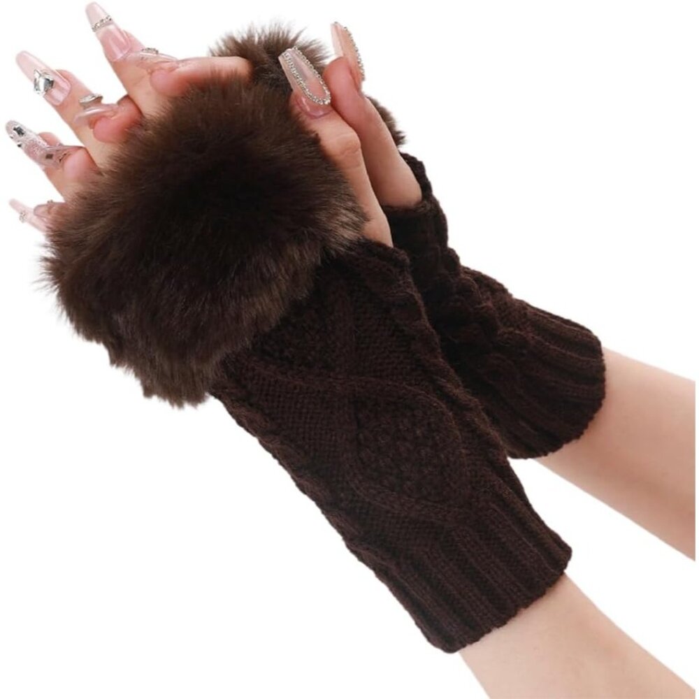 Women's 2-Pairs Brown Fluffy Fur Crochet Arm Warmers Thumb Hole Wrist Gloves
